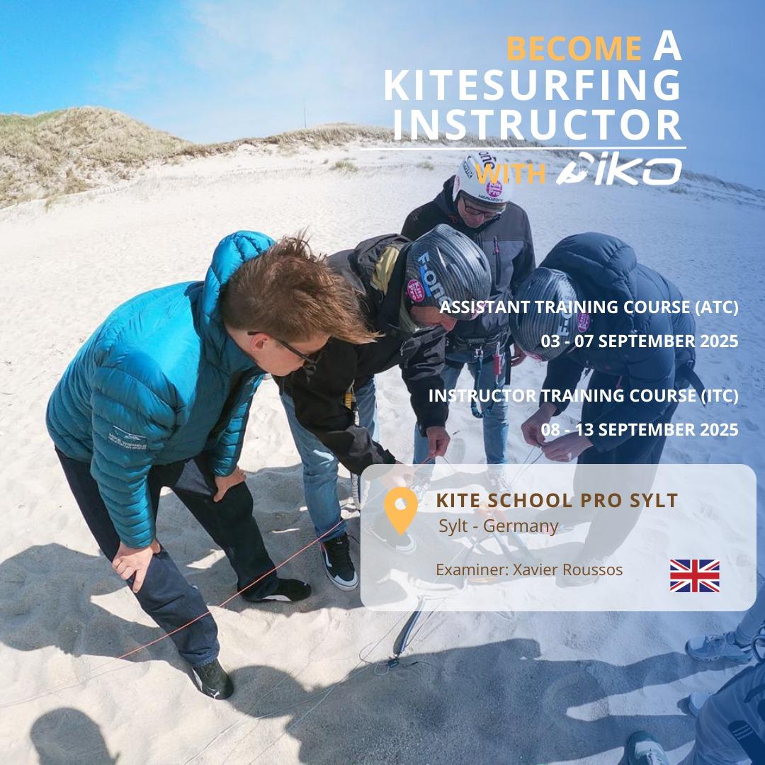 Gruppe von Kursteilnehmern in der Ausbildung zum IKO (International Kiteboarding Organization) Assistenten und Instruktoren auf Sylt im September, organisiert von der Kite School Pro.